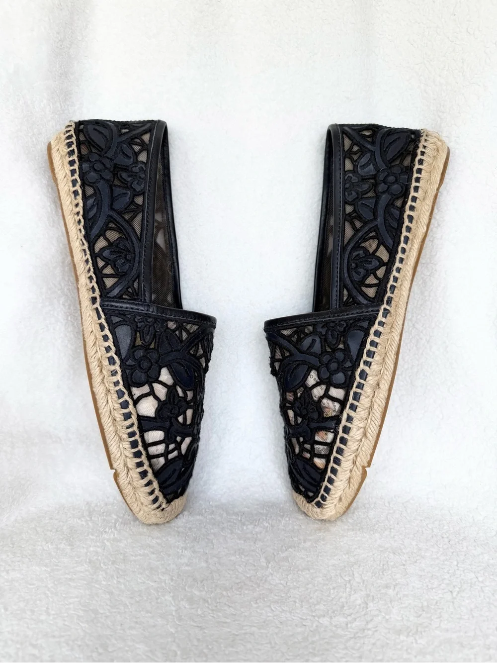 Tory Burch Black Cotton Lace and Leather Jackie Espadrilles 10.5